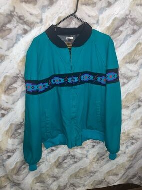 Vintage David James Teal Bomber Jacket with Geometric Trim